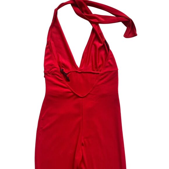 Vintage Y2K Hi Sense Halter Neck Flared Jumpsuit M Red Stretch Glam Festive - Picture 5 of 14